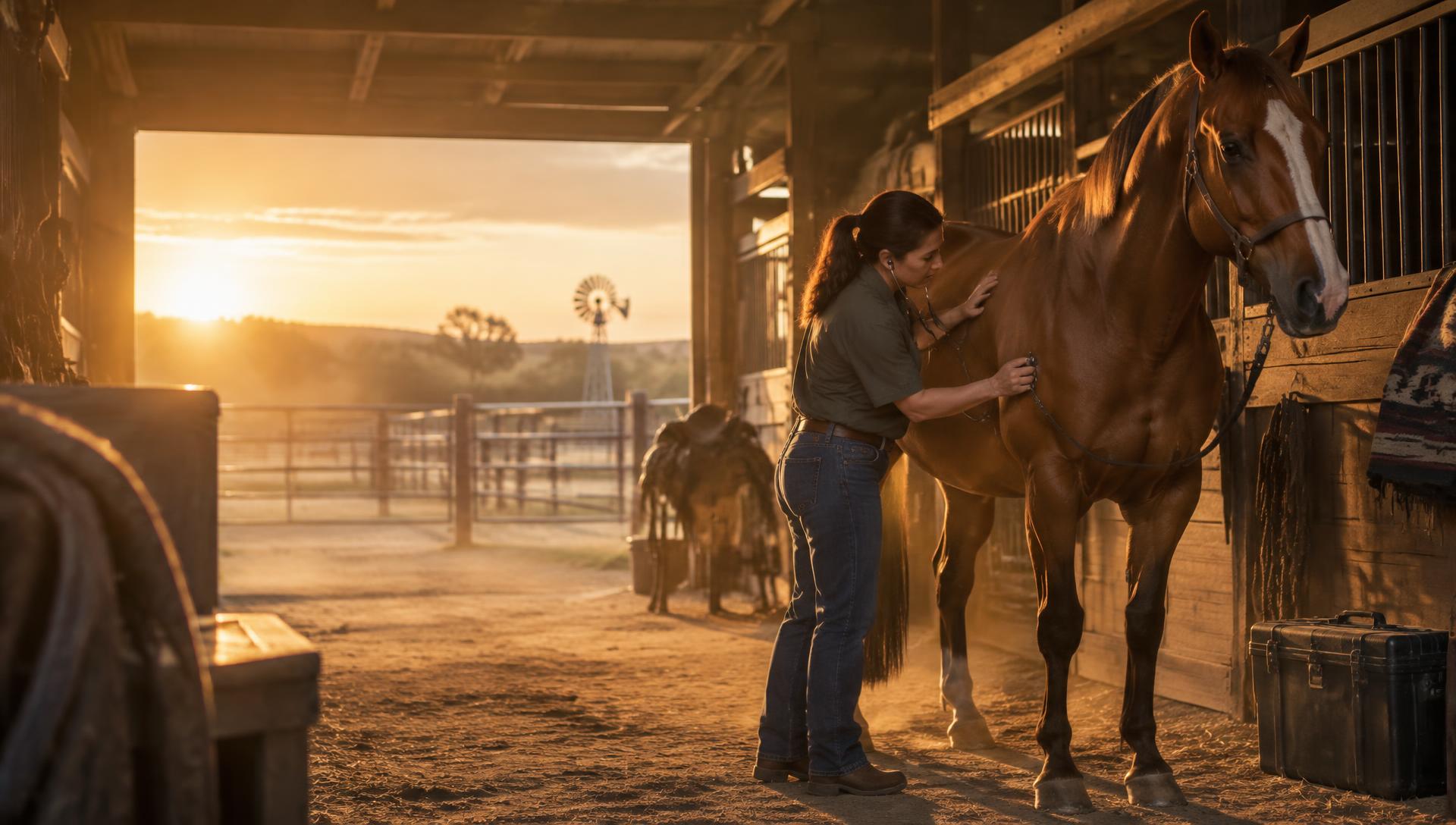 Veterinarian examining a rodeo horse in a barn at sunset